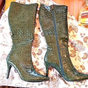 Emerald Green Croc print vegan leather high heel boots, knee high shaft